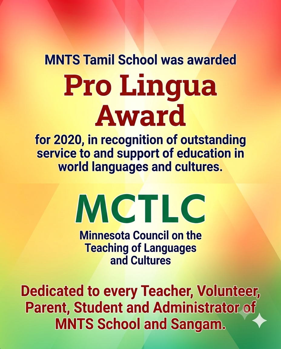 MNTS Tamil School awarded the MCTLC Pro Lingua Award 2020